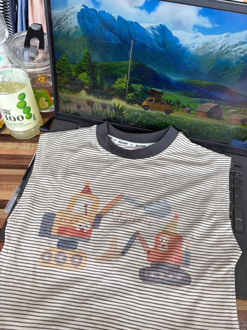 【JMJQ 25732】夏季中小童韩版亲肤条纹清爽挖掘机印花无袖背心