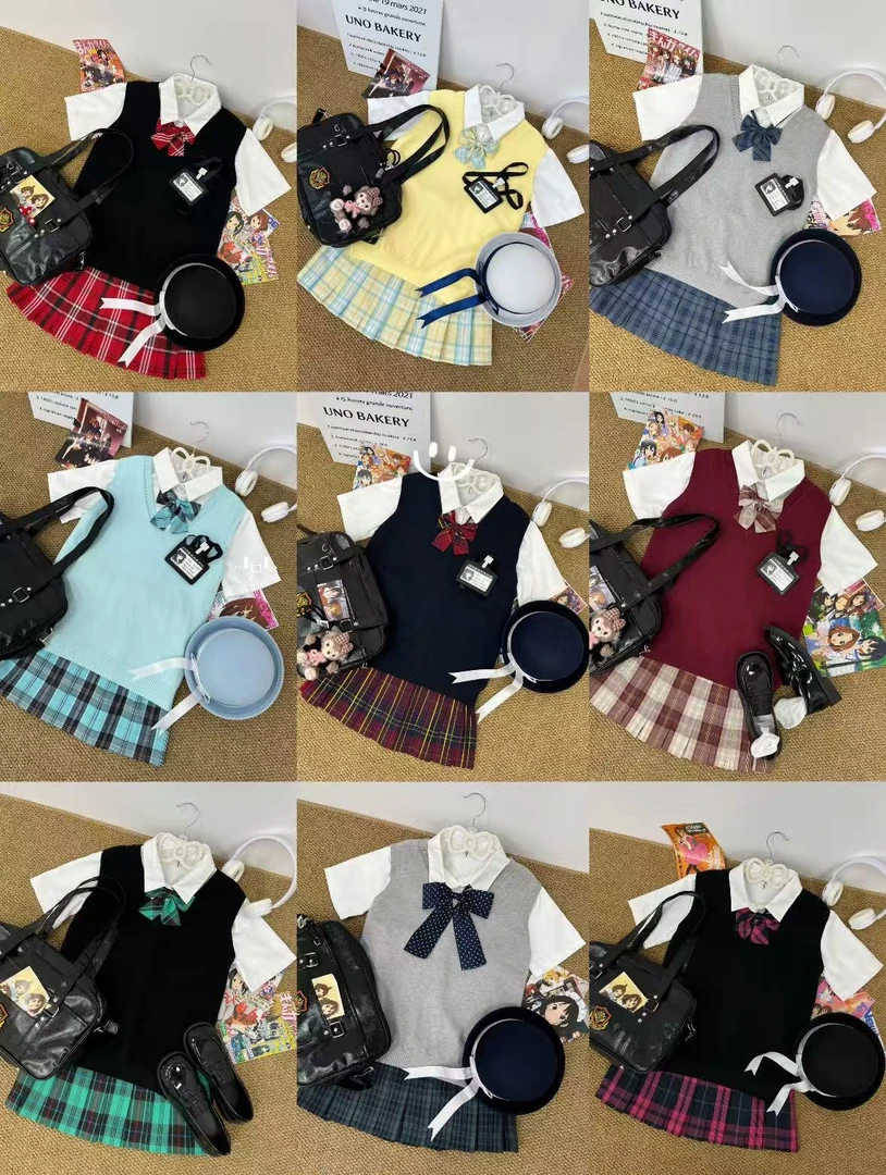 原创jk制服裙正版格裙校供显瘦修身衬衣叠穿狗短半身裙套装