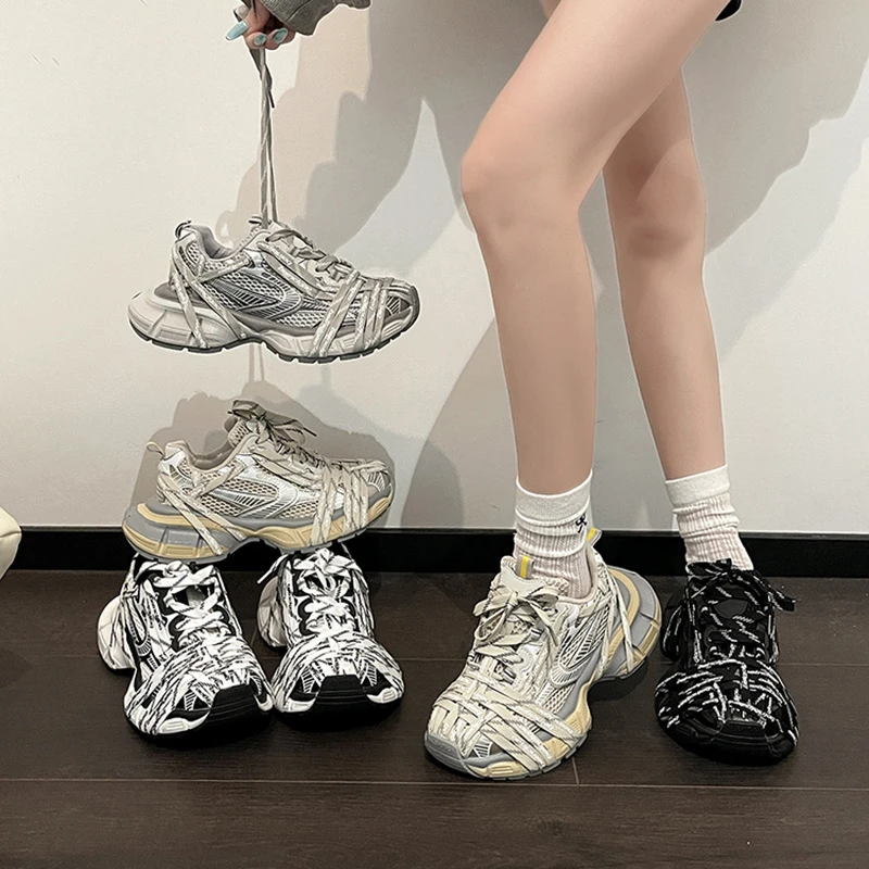 秋季通勤透气老爹鞋女复古百搭透气板鞋做旧增高运动休闲德训鞋潮