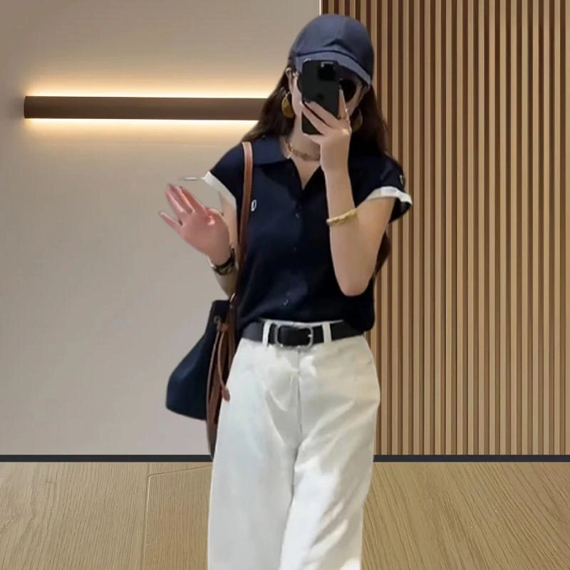 香朵儿韩系洋气设计感针织衫2025夏季新款小众轻薄POLO领上衣女潮