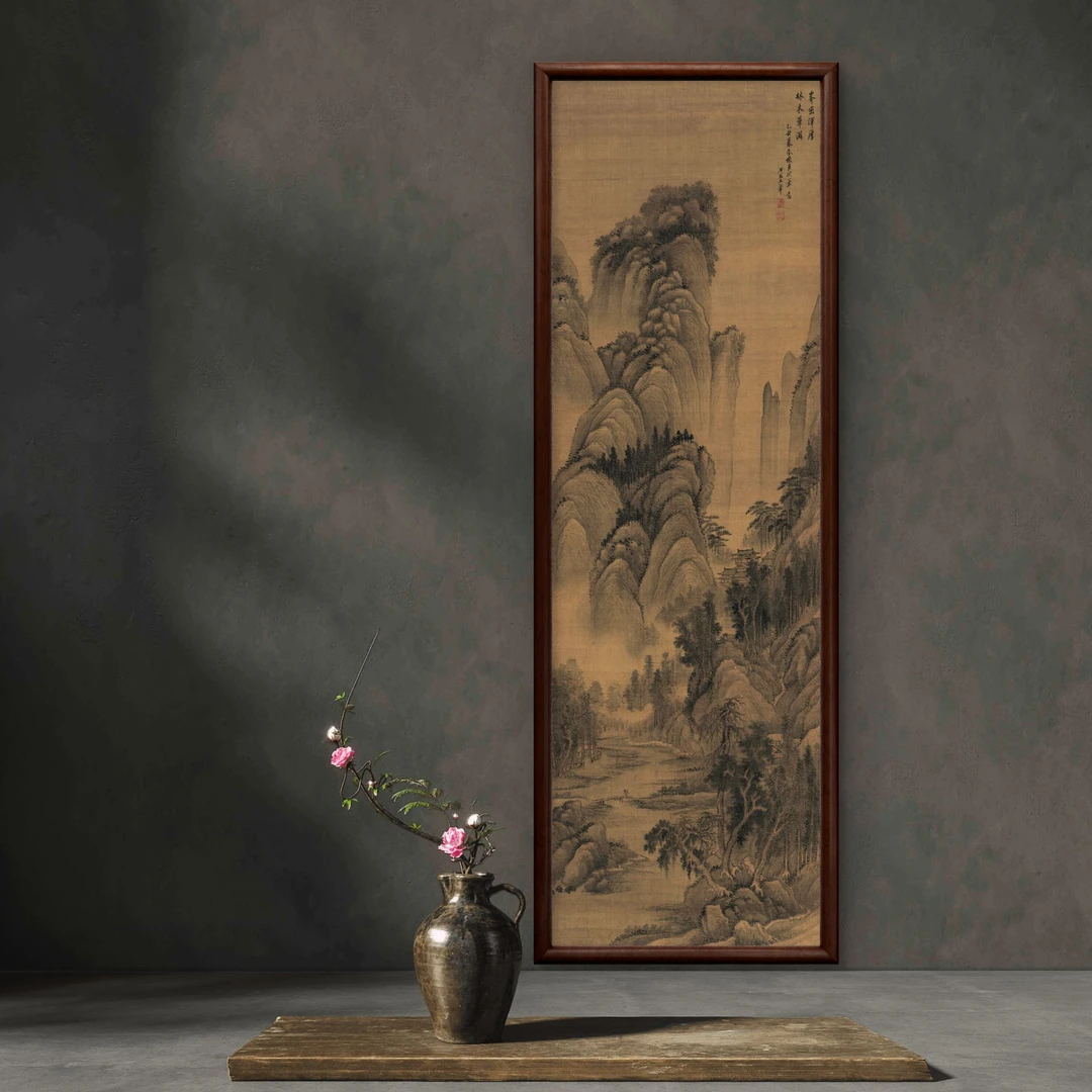 9900-40*120山水图中式装饰画实木玄关书房茶室客厅挂画