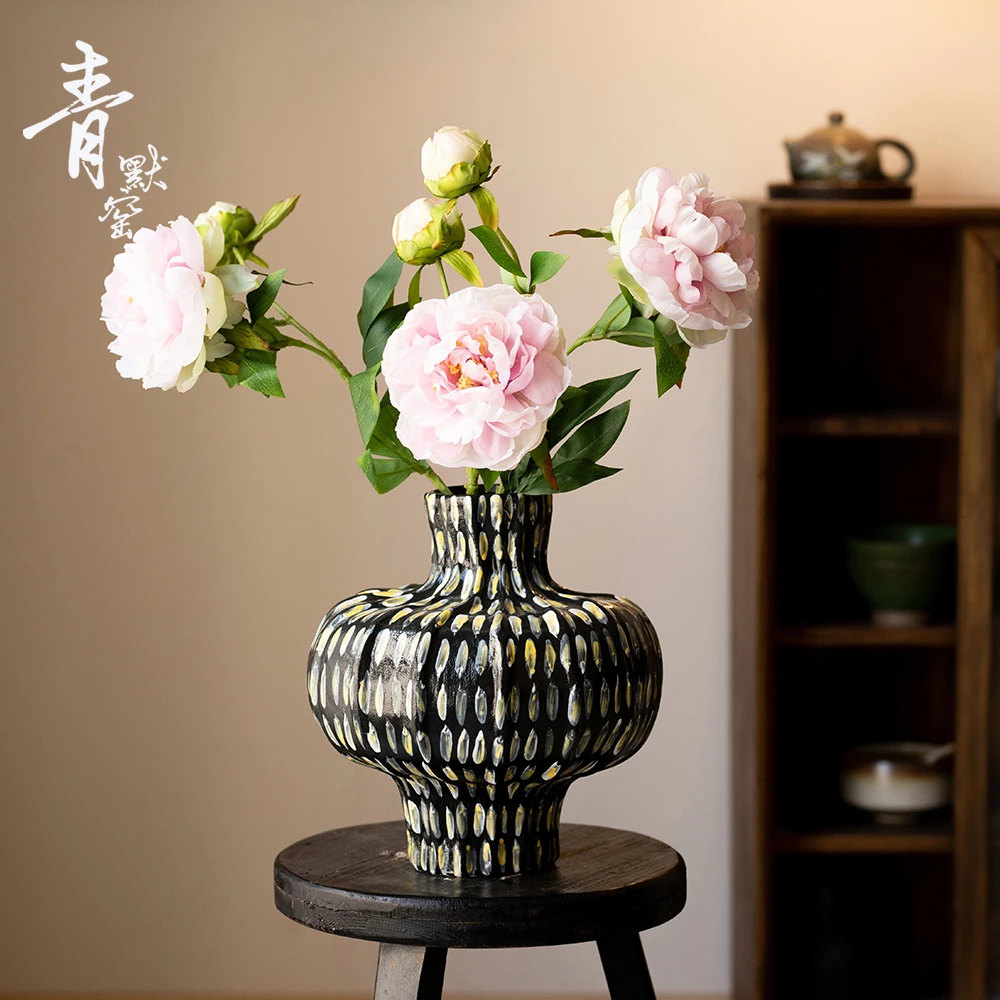 侘寂风复古陶瓷花瓶新中式纯手工鲜花水培两用高奢插花器大千世界