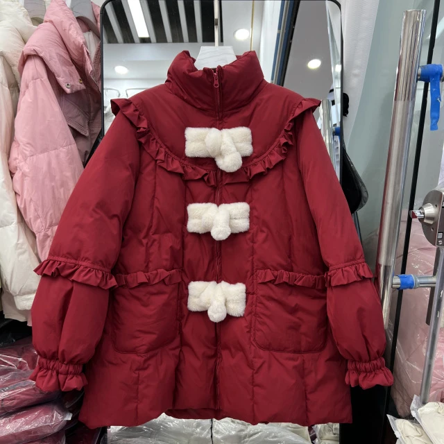 ONLY立领国风圣诞款羽绒服女中长款2025年冬季新款韩版白鸭绒外套