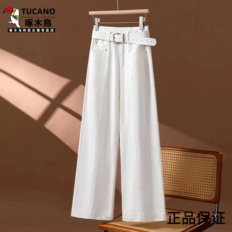 啄木鸟新品女夏季薄款白色阔腿牛仔裤女2025年高腰窄版直筒裤显瘦