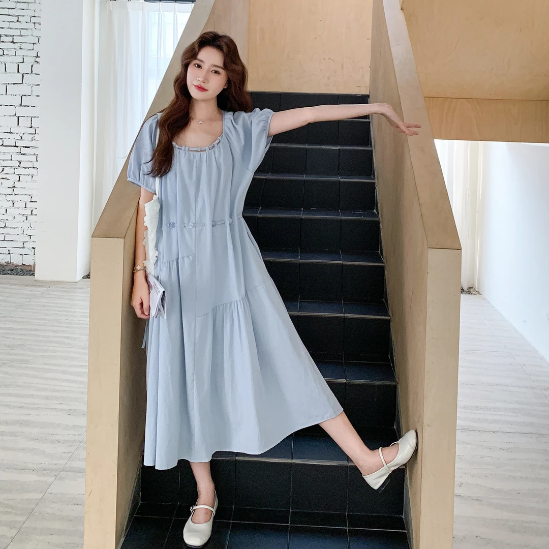 韩系温柔风泡泡袖连衣裙女2025年夏季小清新甜美减龄收腰显瘦长裙