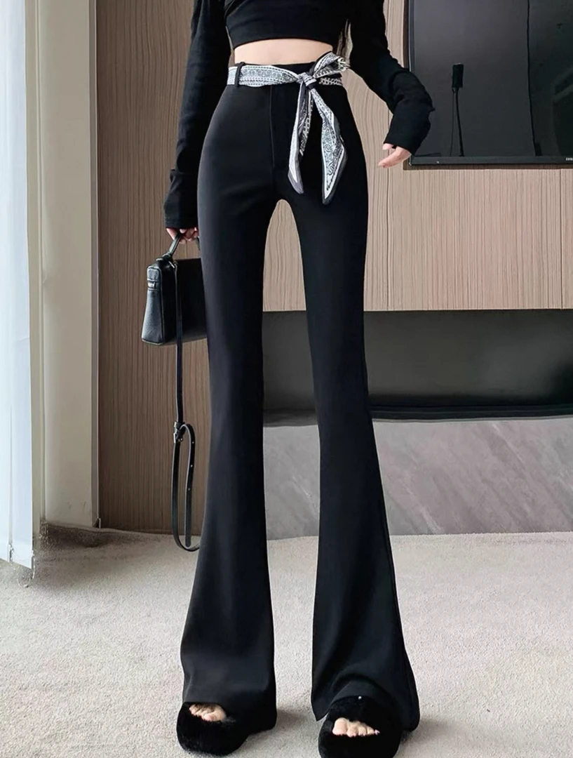 黑色开叉微喇裤子女2025新款高腰显瘦垂感西装喇叭裤休闲长裤h