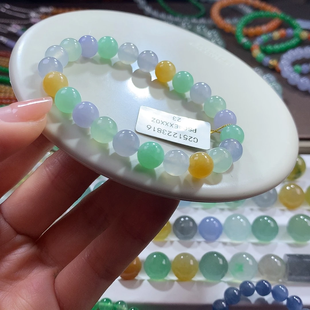 翡翠未镶嵌手链胶润三彩多宝卡8