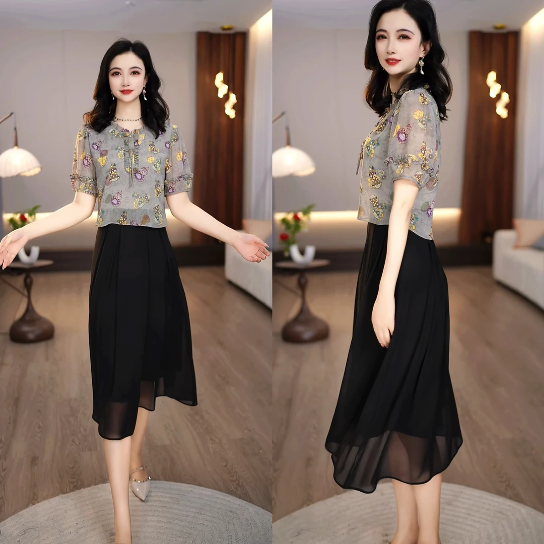 2025夏季新款彩色葫芦复古花纹小衫黑色假两件连衣裙M-4XL