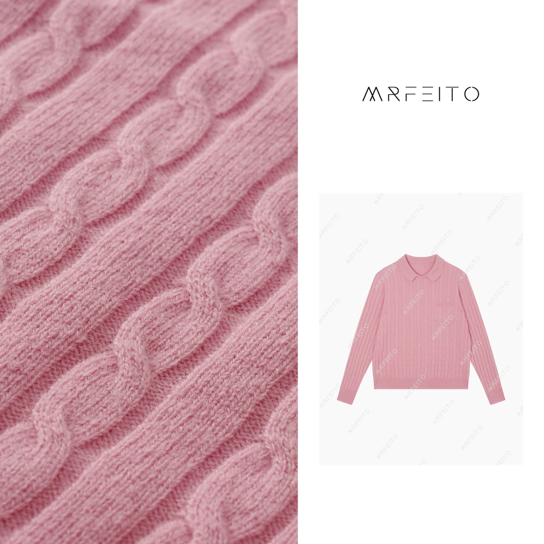 时尚百搭纯色竖条绞花针织翻领上衣H87M01Q28679