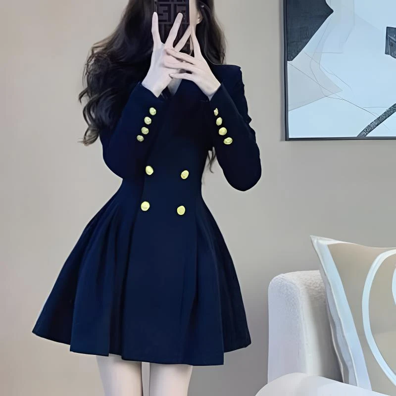 2025秋季新款法式夏季小黑裙高腰蓝色高腰短款连衣裙女装收腰复古