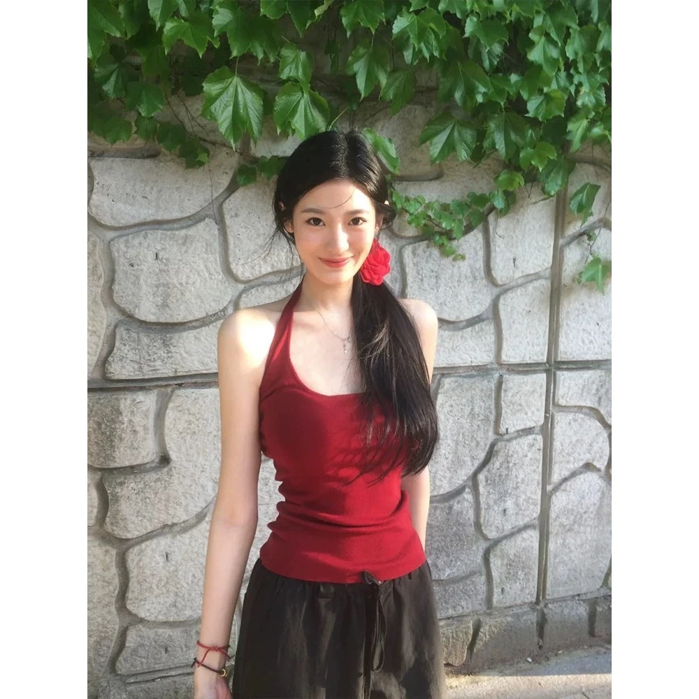 纯欲风辣妹红色挂脖背心女夏季2025新款修身显瘦短款u领吊带上衣