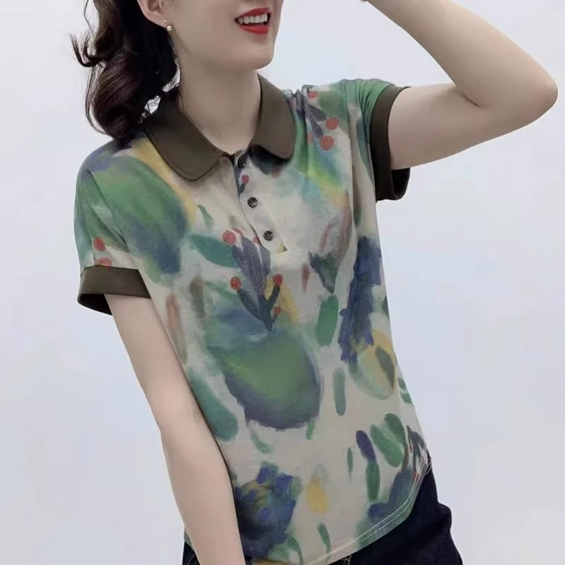 夏季翻领撞色短袖T恤女2025新款韩版时尚印花洋气百搭显瘦上衣潮