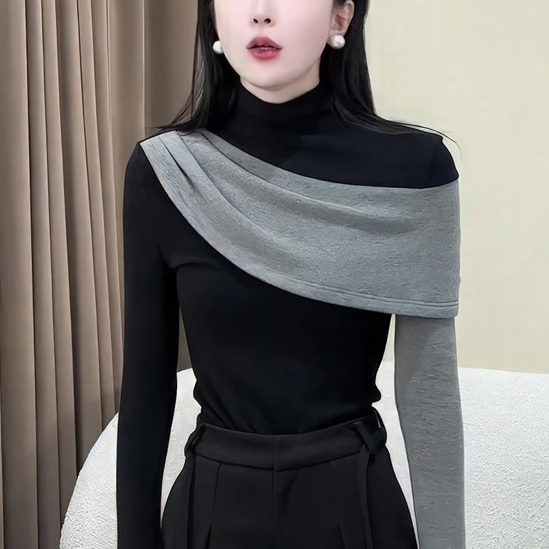 设计感小众打底衫女2025春秋新款时尚拼接撞色修身半高领长袖上衣