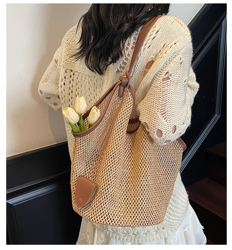 托特包大容量纯色编织单肩包草编包单肩小包包腋下手提包通勤包
