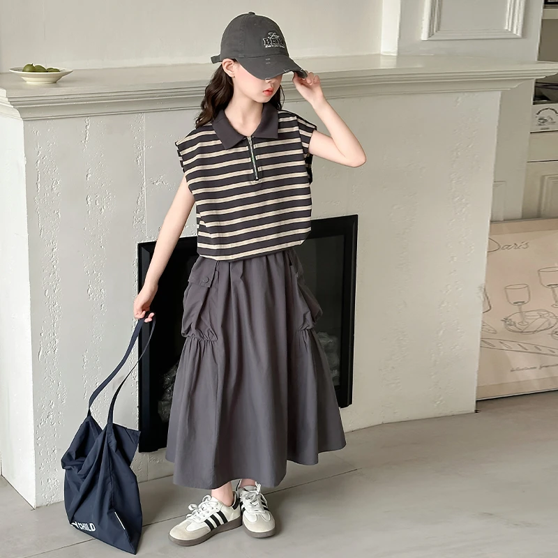 女童夏套装2025新款儿童洋气时髦条纹无袖夏装大童夏季裙子两件套