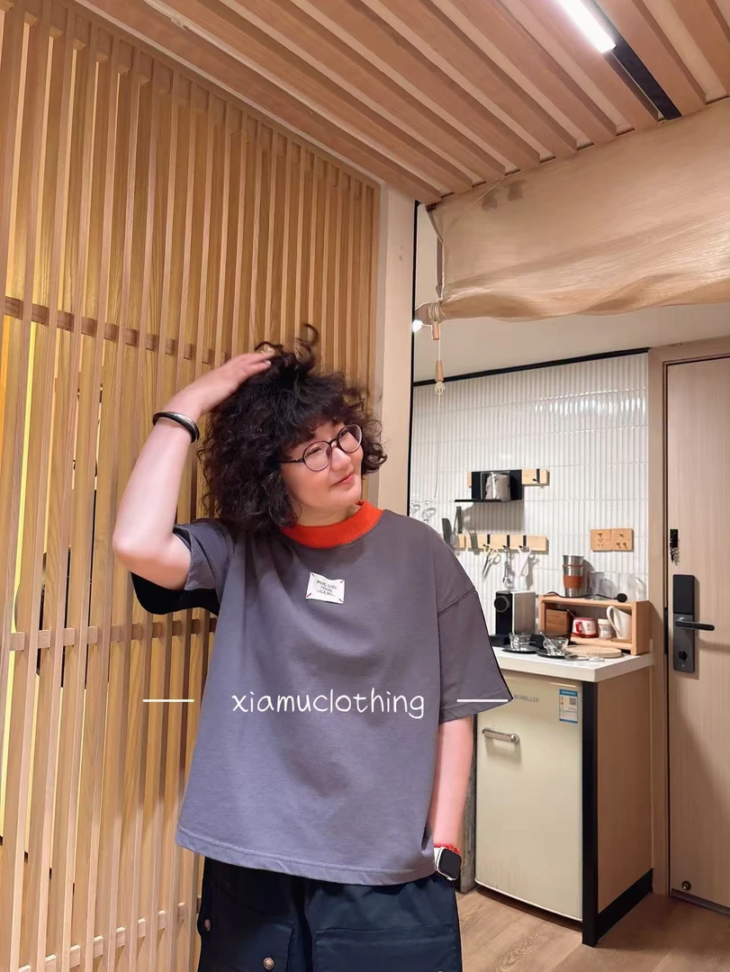 夏沐家洋气拼色休闲圆领宽松棉T恤6537