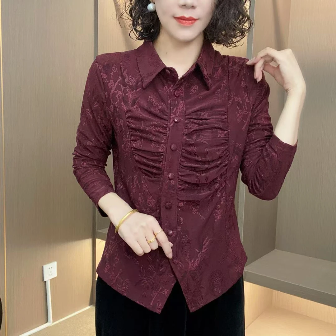 2025秋季新款高端衬衫领修身不规则印花时尚妈妈装中老年上衣