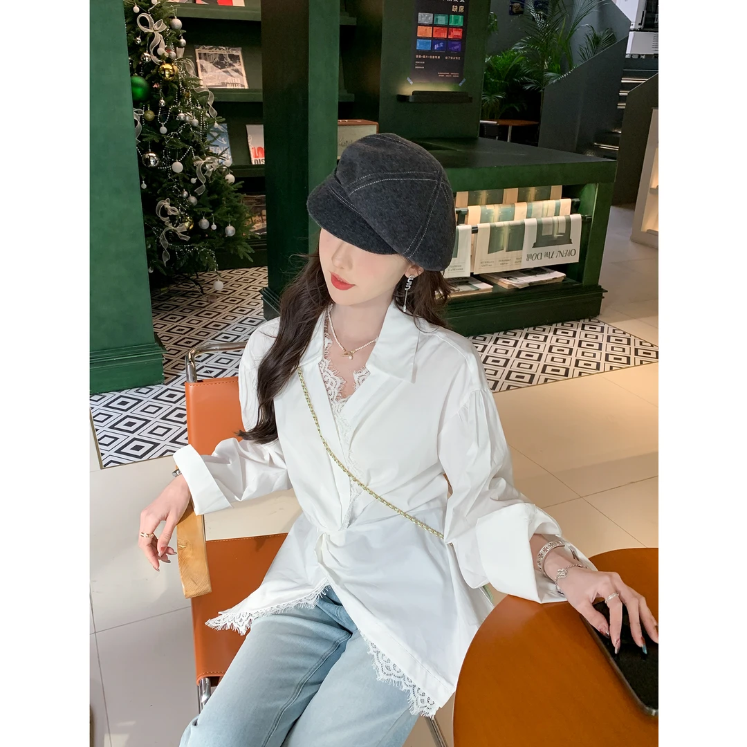 SE【奶茶甜心】衬衫女春季法式蕾丝V领时尚绑带收腰长袖显瘦上衣