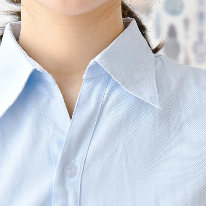 女士浅蓝斜纹V领长袖棉衬衫收腰修身职业韩版正装工作服白色上衣