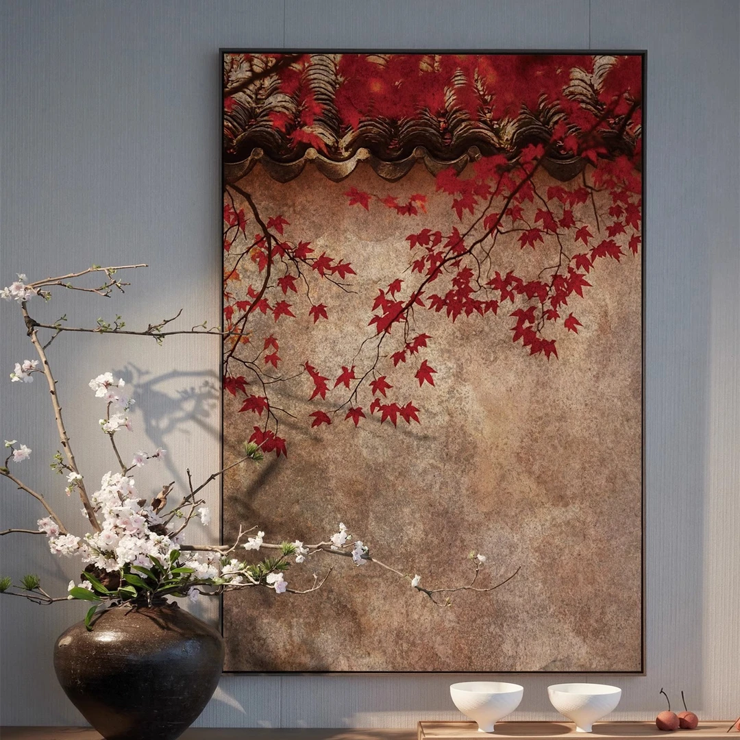 玄关枫叶砂岩装饰画寓意吉利新年喜气茶室客厅民宿挂画侘寂新中式