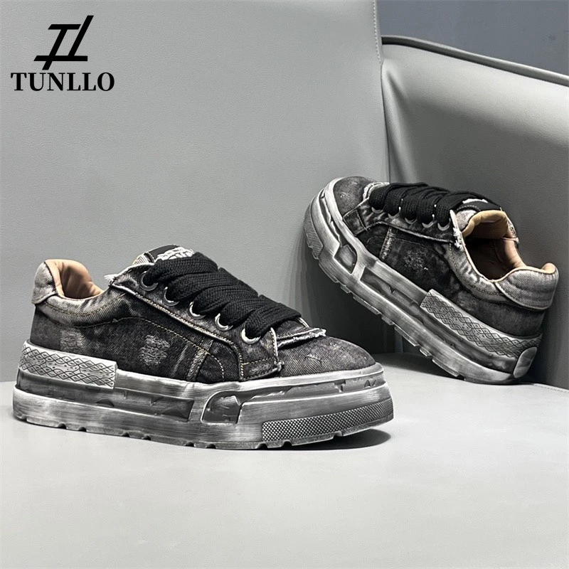 做旧牛仔布板鞋男超火面包鞋夏季新款透气帆布鞋厚底内增高休闲鞋