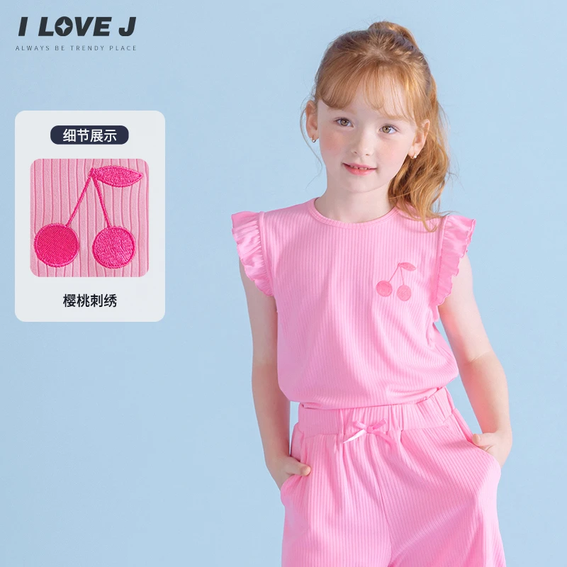 ILOVEJ韩国童装夏季女童螺纹荷叶无袖T恤弹力樱桃刺绣JXUTO24