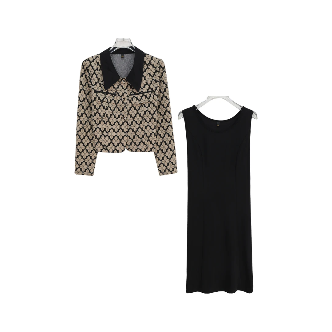 法式复古撞色显瘦长袖小香风气质背心裙两件套S1085