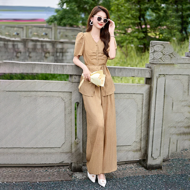 【套装女夏季新款优雅气质领短袖衬衫显瘦阔腿裤两件套 2993时】时