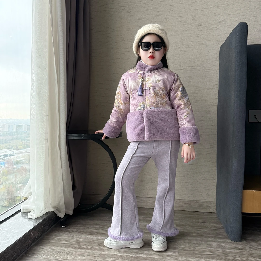 女童冬季新中式拜年服套装中大童女孩秋冬加绒加厚喇叭裤两件套