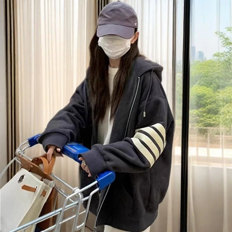 港风复古大码300斤运动休闲情侣外套男女秋冬慵懒风宽松百搭卫衣
