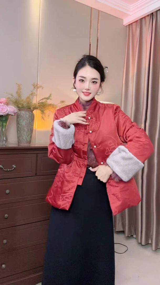 新中式红色小棉袄喜庆拜年服2024秋冬季原版正品外套加厚时尚