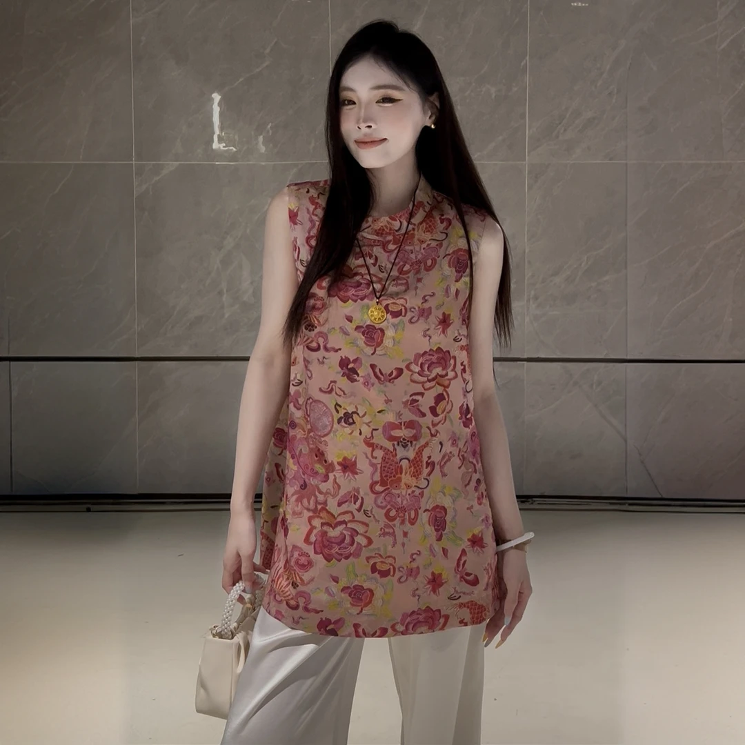 无袖提花立领薄款国潮上衣休闲碎花时尚中长款中式2566#