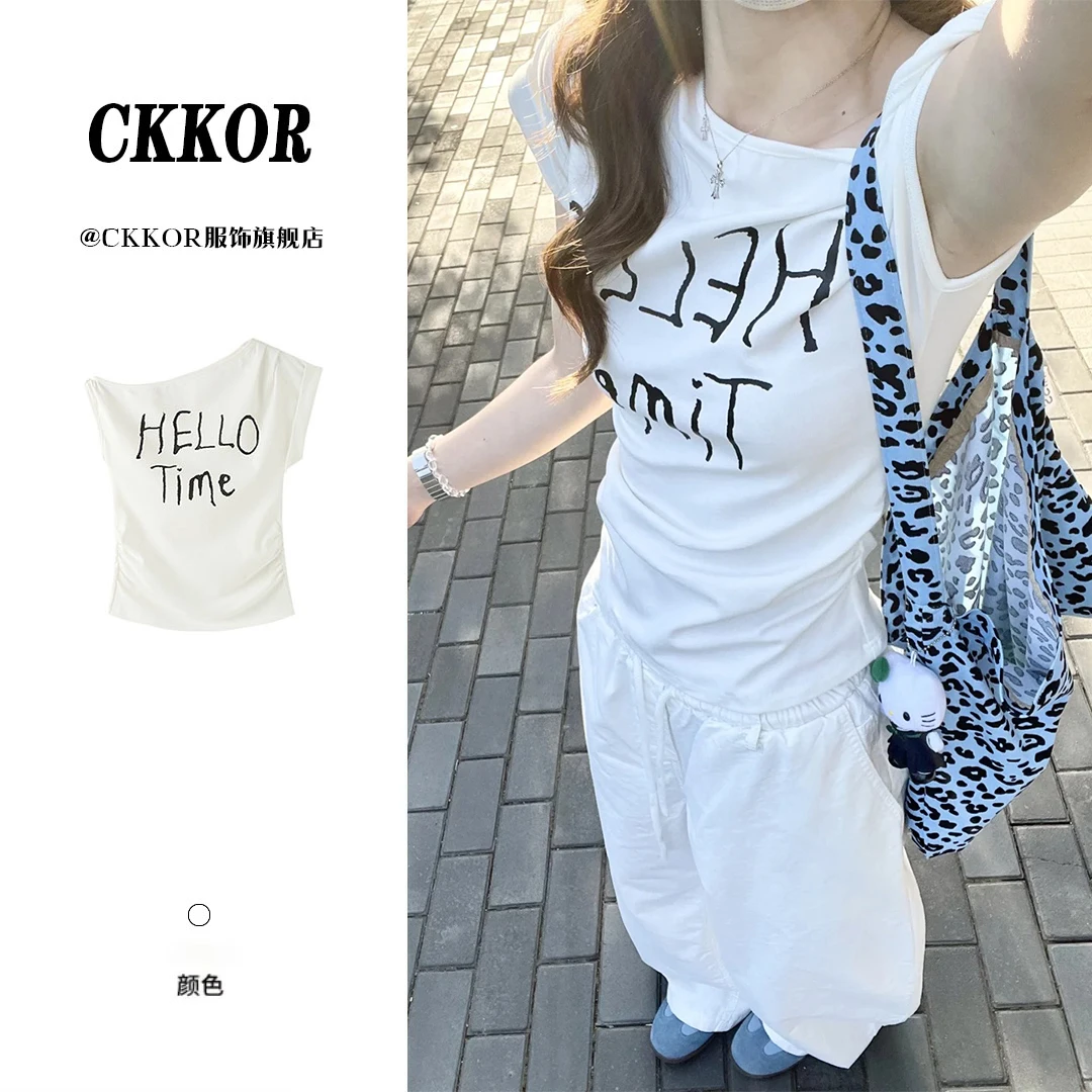 CKKOR夏季新款斜肩短袖t恤女韩版休闲百搭修身显瘦辣妹露肩上衣服