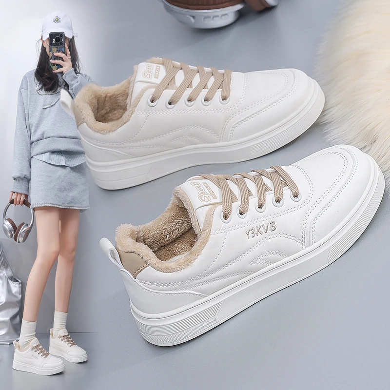 加绒小白鞋女2025新款爆款厚底防滑百搭冬季保暖棉鞋轻便平底板鞋