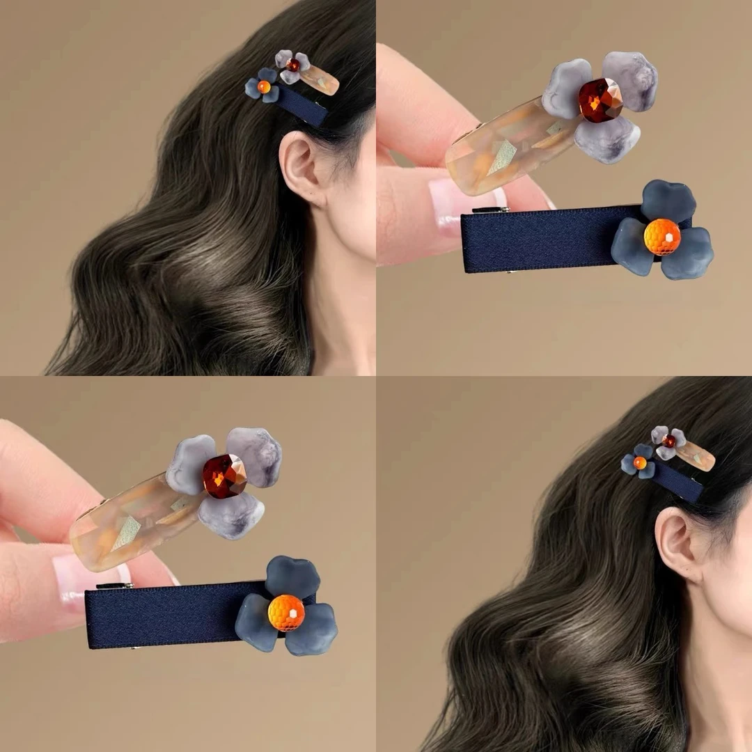 雾霾蓝高级感磨砂复古三瓣花朵发夹质感百搭鸭嘴夹侧边刘海夹发卡