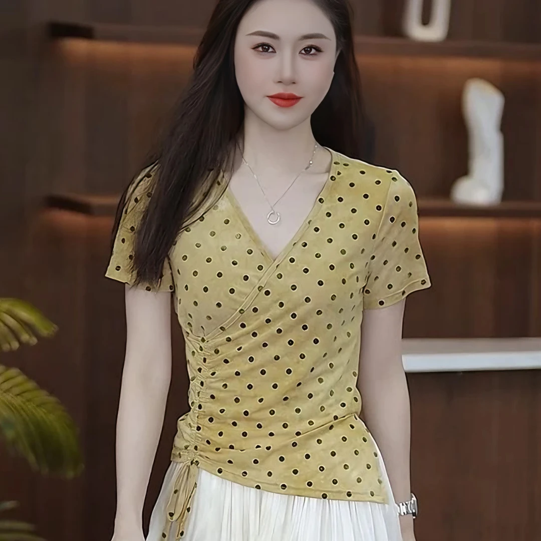 2025夏季新款法式网纱波点短袖T恤褶皱V领收腰修身显瘦小衫女上衣