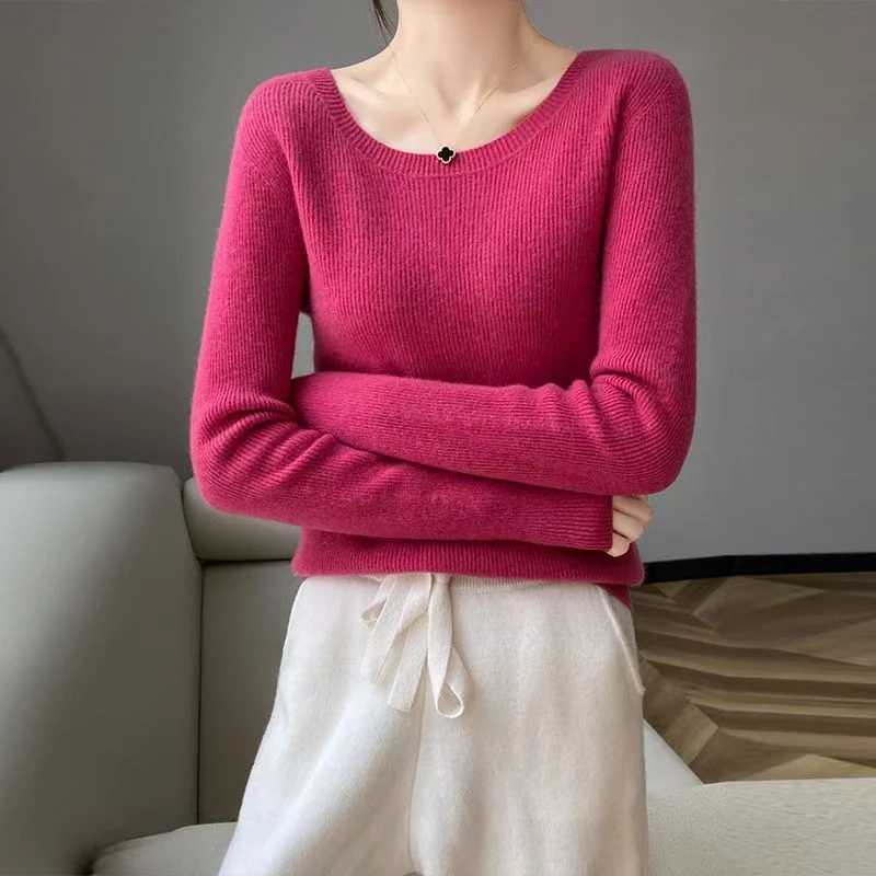 高端100%纯羊毛衫女一线成衣低圆领无缝毛衣修身显瘦针织打底衫