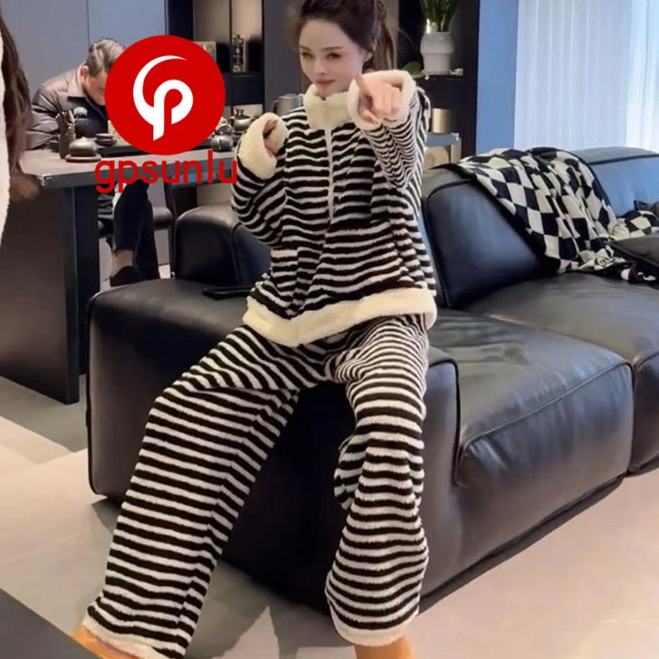 gpsunlu秋冬款保暖睡衣女士韩版时尚风格黑白条纹双面绒家居服