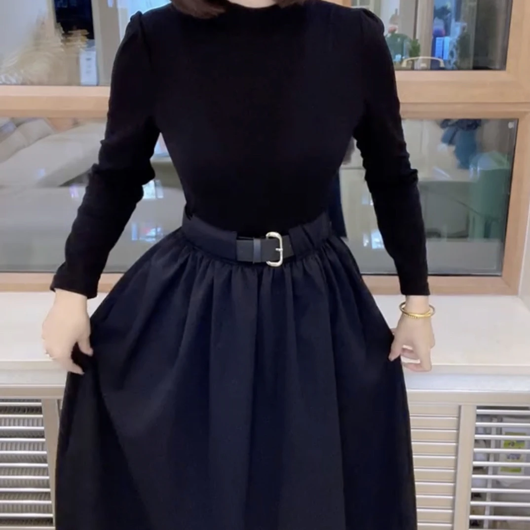 秋季新款圆领腰带针织拼接A字长裙松弛感百搭气质连衣裙