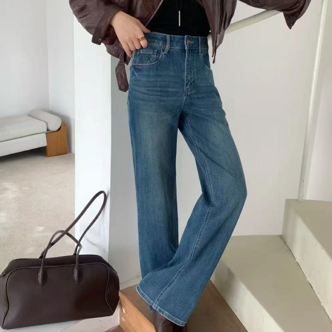 早秋新款高腰显瘦直筒窄版阔腿牛仔裤