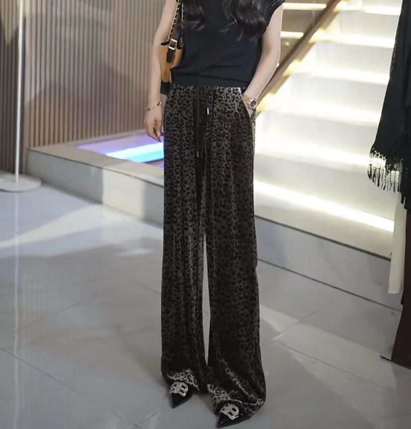 女装显瘦百搭休闲时尚弹力抽绳金钻绒豹纹女士直筒裤长裤ML/1898