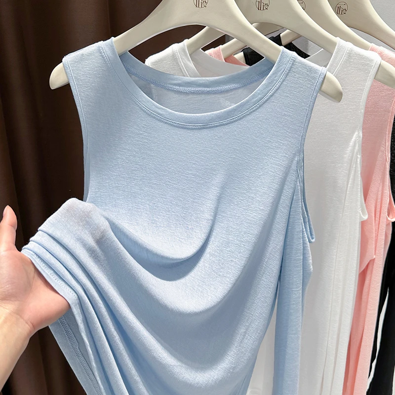 2025夏季蓝色圆领T恤打底衫女新款漏肩长袖薄款纯欲针织背心上衣