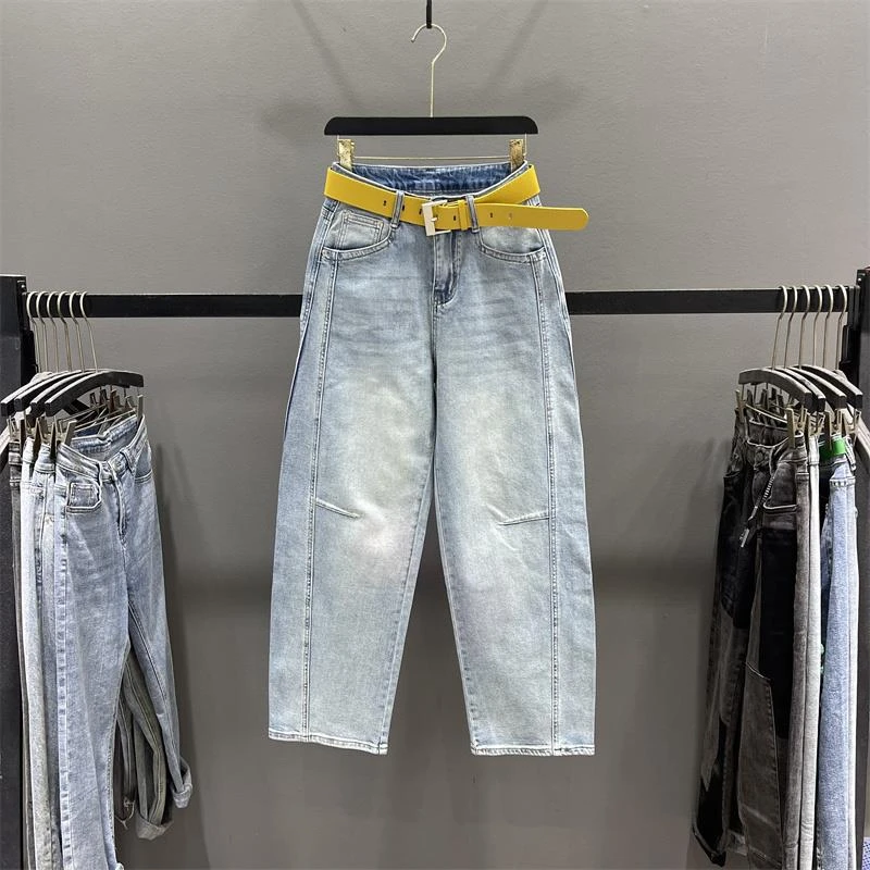 欧货浅蓝色弯刀牛仔裤女2025春季新款设计感高腰宽松休闲阔腿长裤