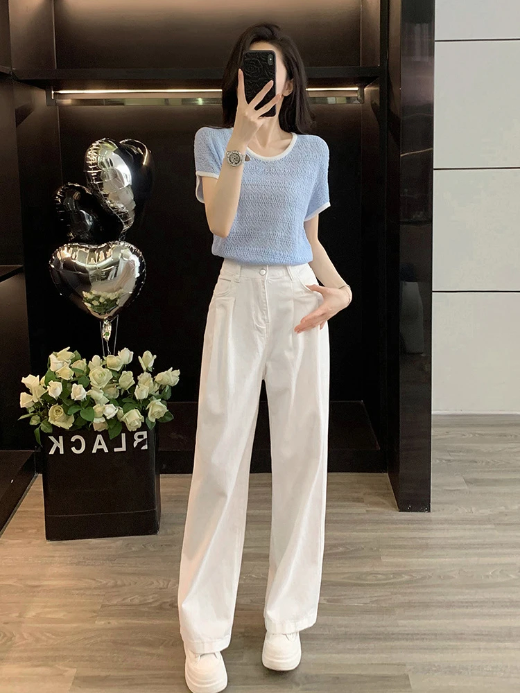 针织衫套装洋气时髦爆款新款蝙蝠袖镂空上衣白色牛仔裤女两件套