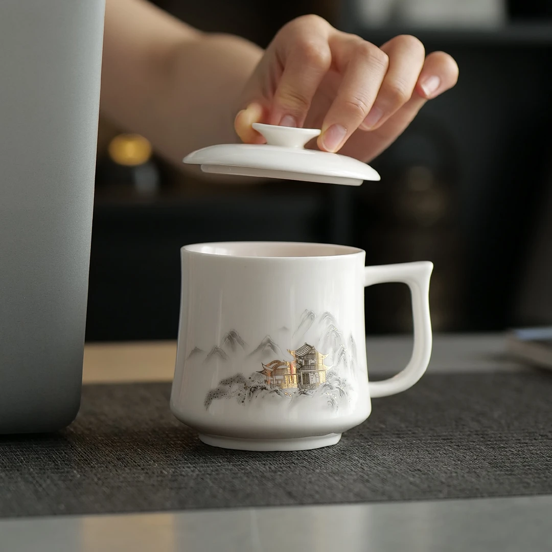 羊脂玉白瓷茶杯带盖防烫办公室马克杯个人专用水杯logo刻字伴手礼