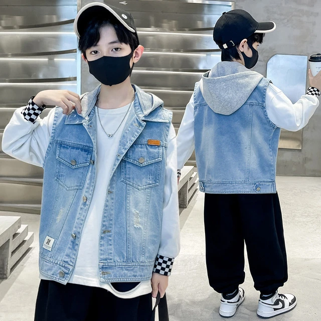 男童牛仔马甲春秋款儿童背心外穿薄外套帅气大童男孩可拆连帽坎肩