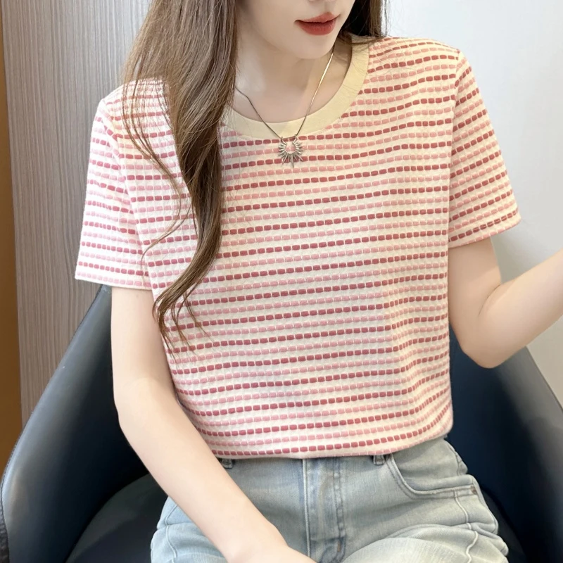 高级感条纹短袖t恤女时尚洋气夏季新款圆领宽松显瘦遮肉百搭半袖