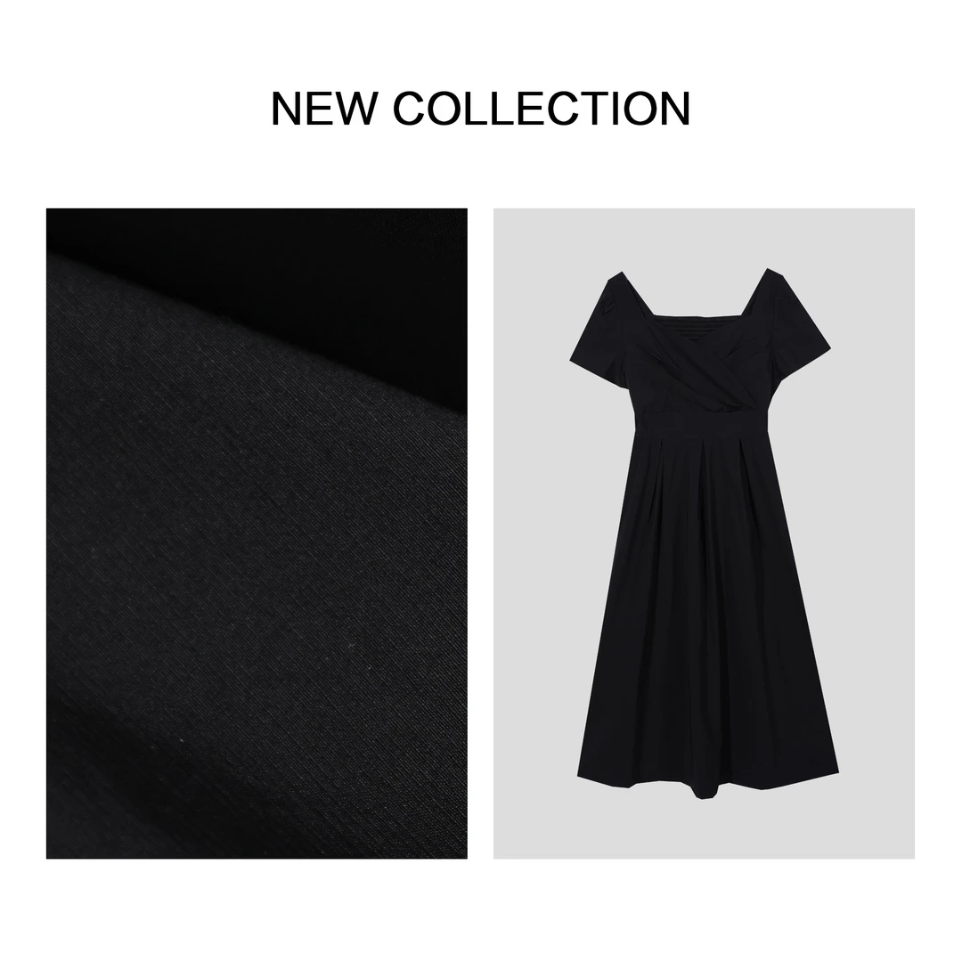 【小依专享】L5F36029A时尚黑色方领短袖百褶长裙-6029长款连衣裙