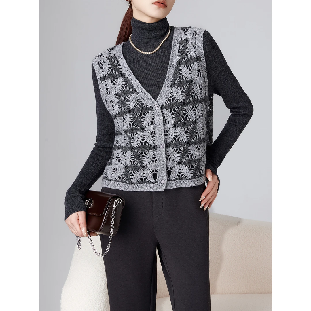 老敏哥100绵羊毛秋新款V领无袖镂空设计感针织马甲背心W25105-166