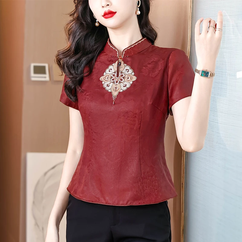 新中式红云纱修身新款小上衣女小个子妈妈复古真丝香云纱上衣